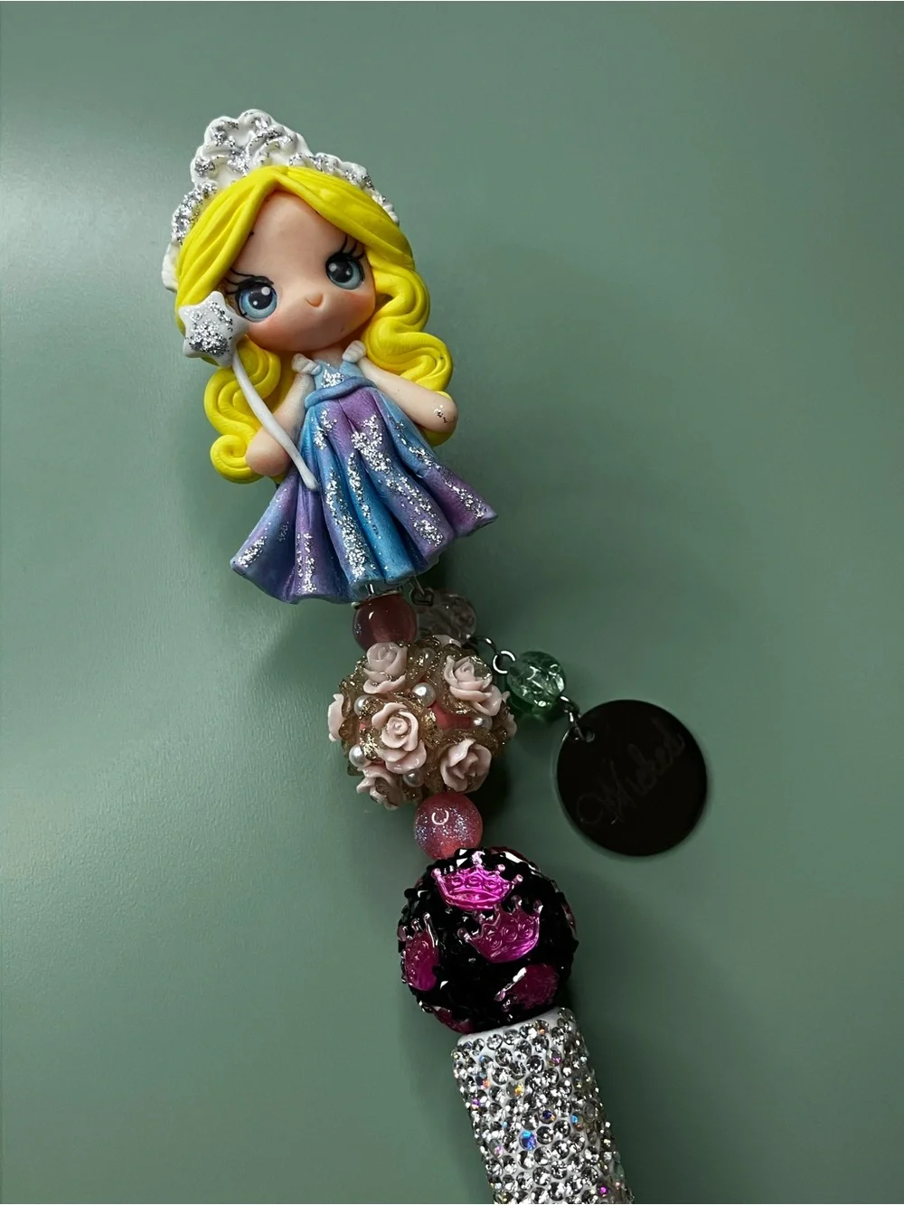 Glinda Clay Doll with Wicked Charm Rhinestone Handmade Beaded Pen